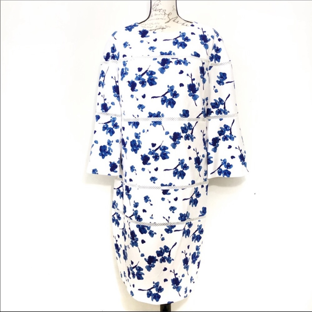 NWT Ralph Lauren Short Sleeve White Blue Sheath Cocktail Plus Dress 16